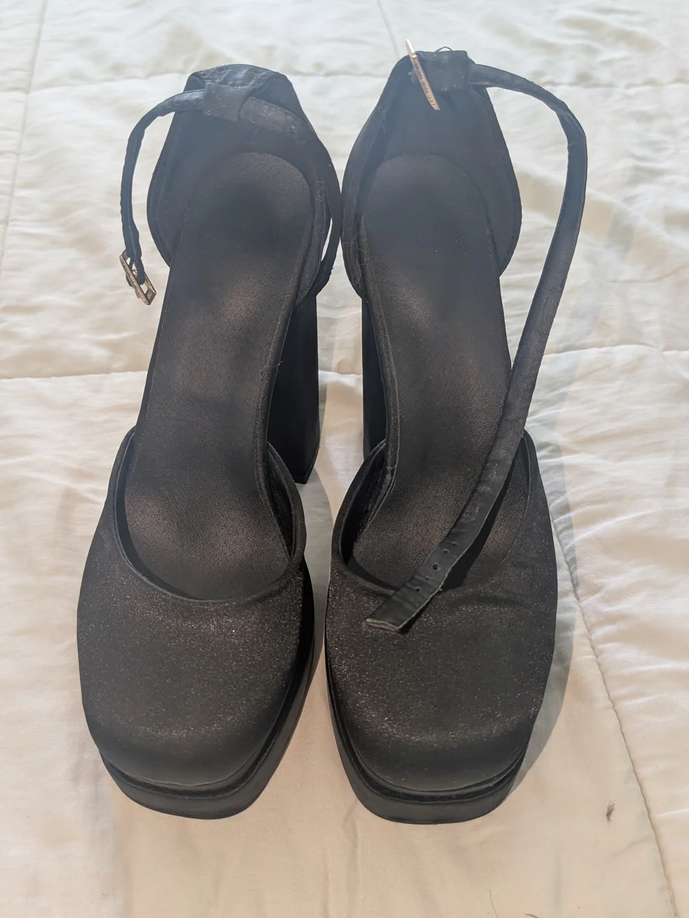 Black Chunky Platform Block Heels Ankle Strap